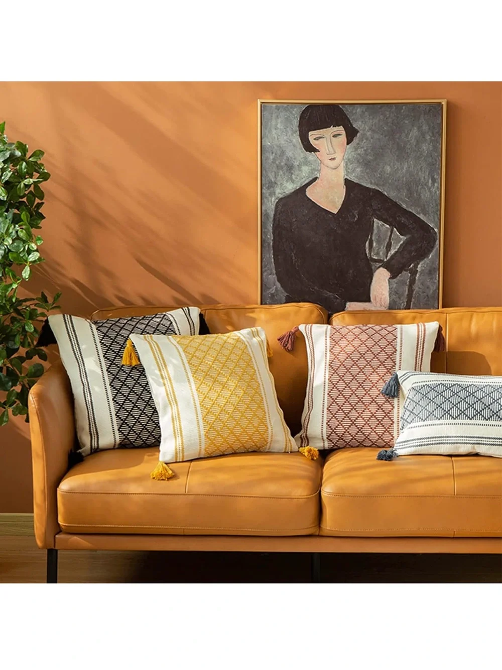 Boho Diamond Jacquard Tassel Throw Pillow Covers - Rust Cream (Set of 2) C10